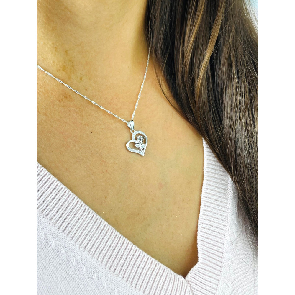 925 Silber Damen Medaillon Anhänger Rose und Herz mit Zirkonia