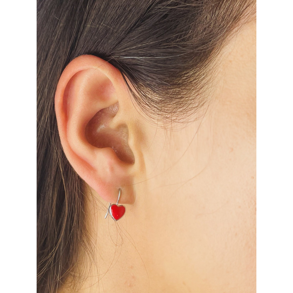 Srebrne kolczyki serca serduszka z emalią czerwone