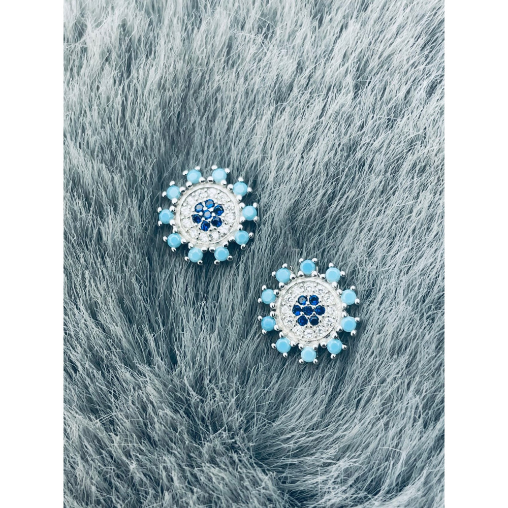 Srebrne kolczyki mandala niebieska z cyrkoniami
