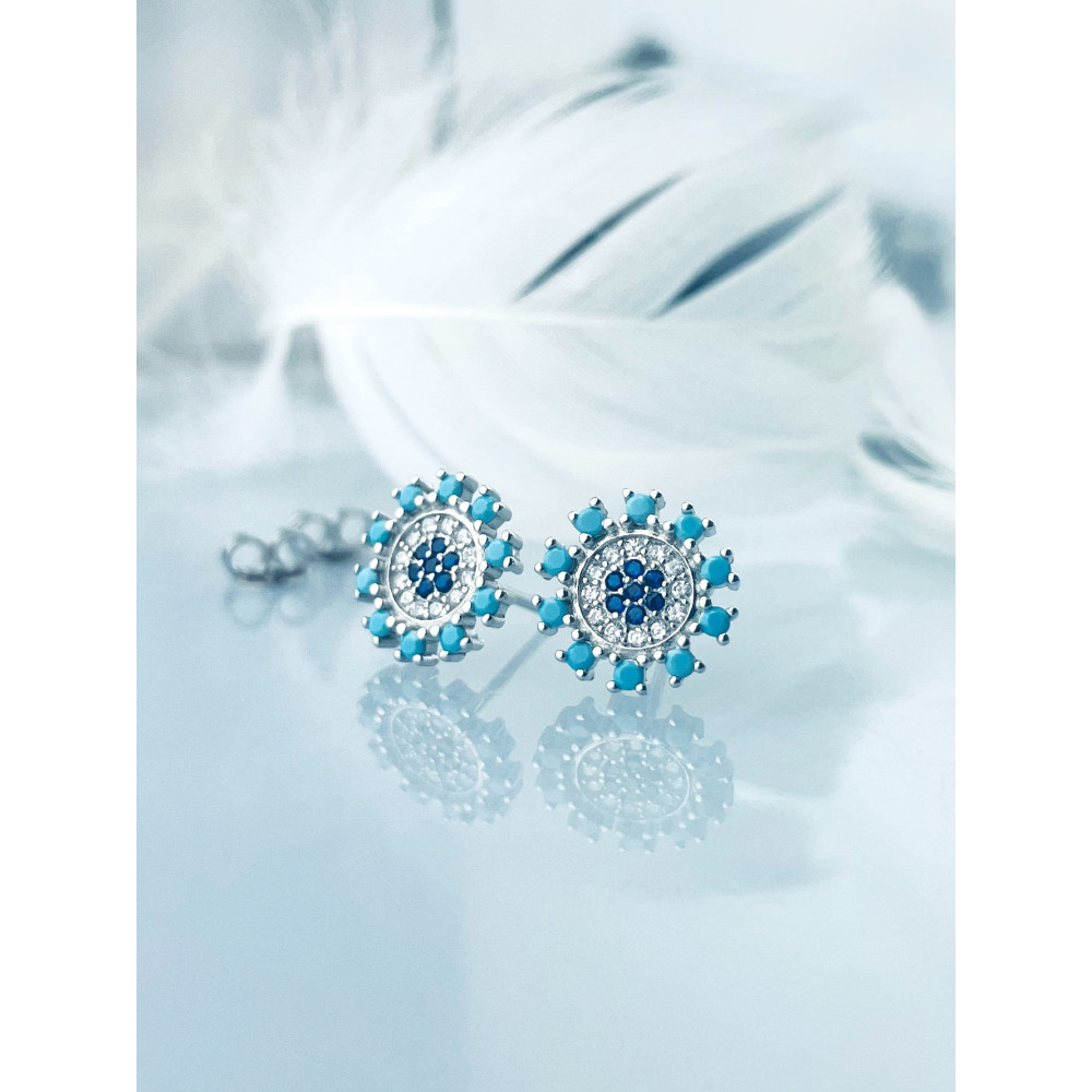 Srebrne kolczyki mandala niebieska z cyrkoniami