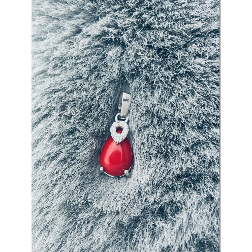 Srebrny wisiorek zawieszka łezka kropelka z koralem i cyrkoniami