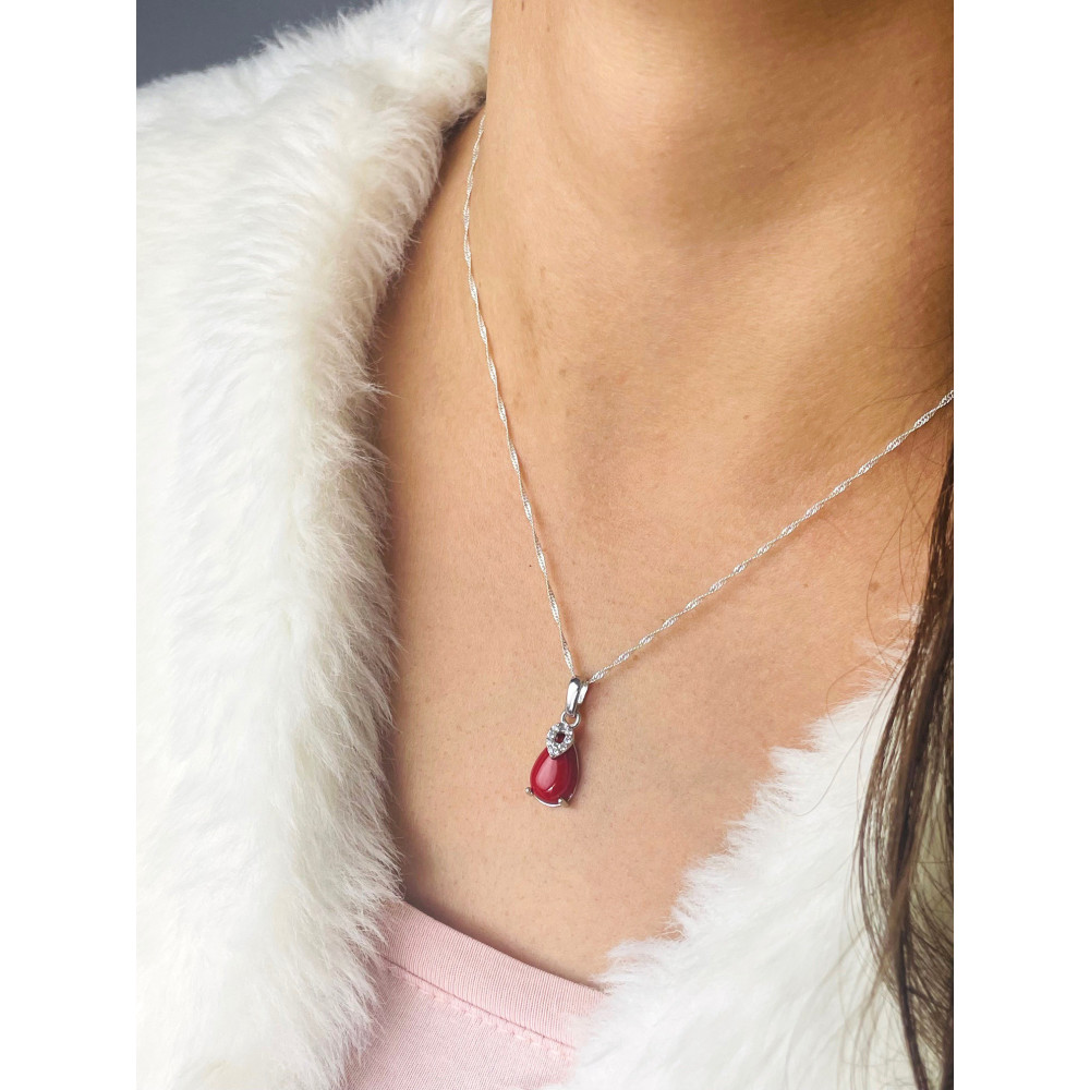 Srebrny wisiorek zawieszka łezka kropelka z koralem i cyrkoniami