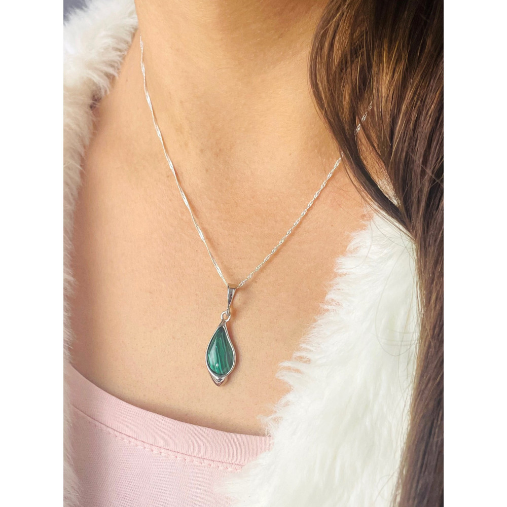 Srebrny wisiorek zawieszka łezka kropelka zielony malachit