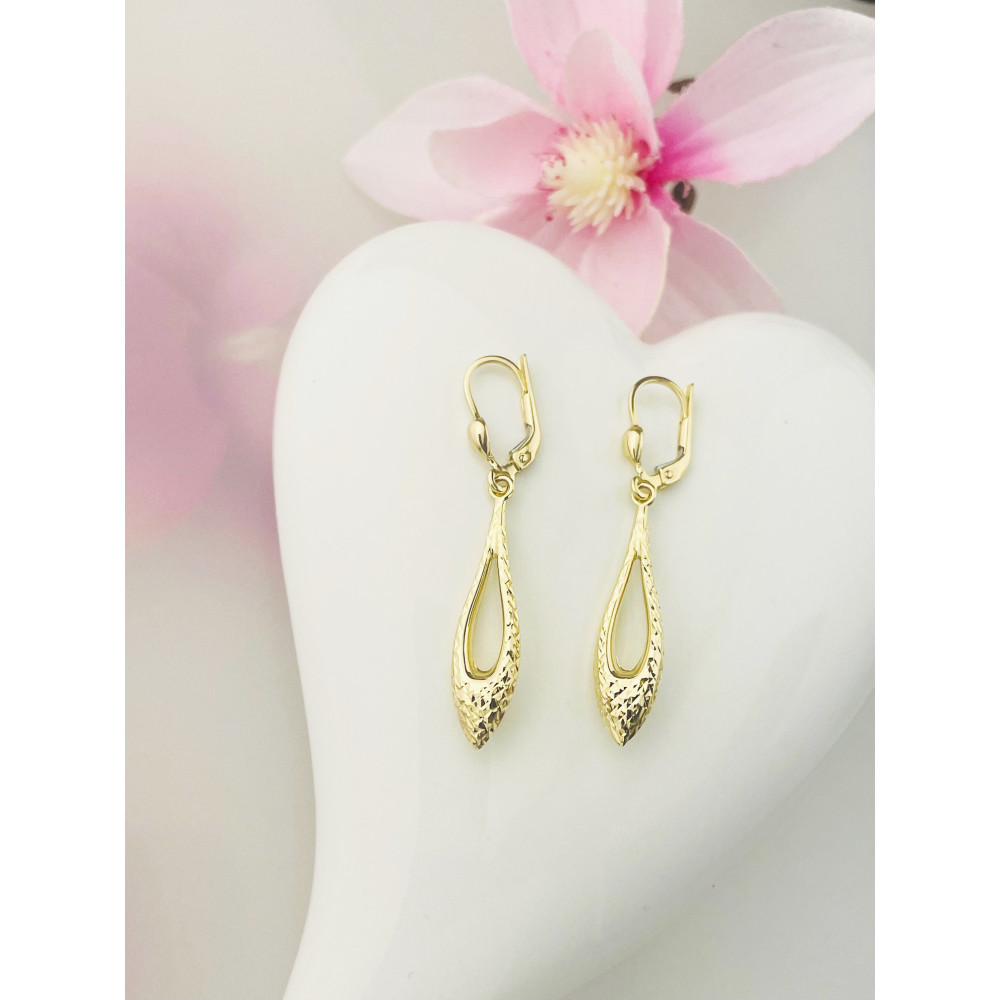 Złote kolczyki wiszące ogniki kocie oko frezowane