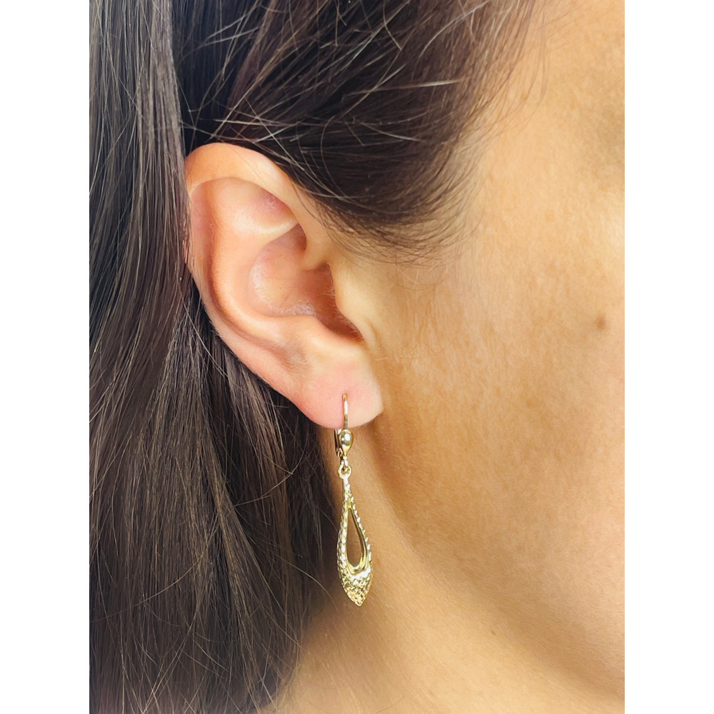 Złote kolczyki wiszące ogniki kocie oko frezowane