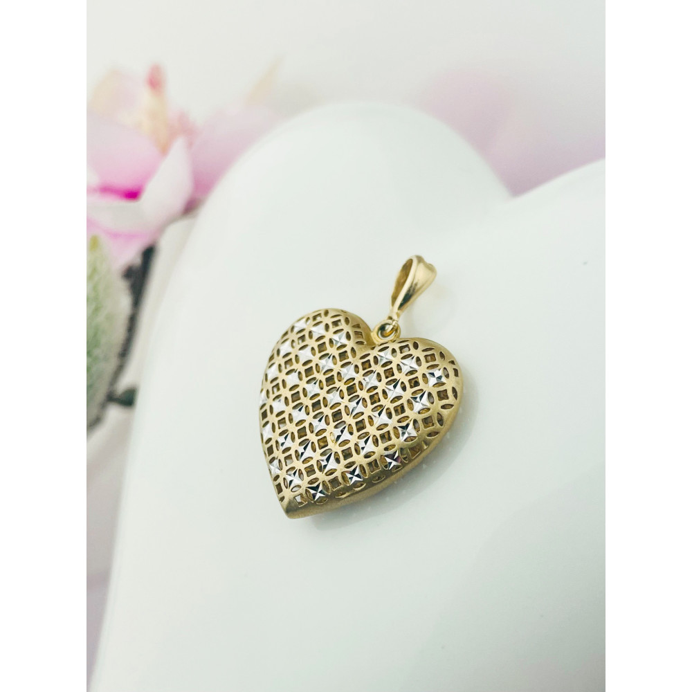 Złoty wisiorek duża zawieszka serce frezowane figurka bikolor