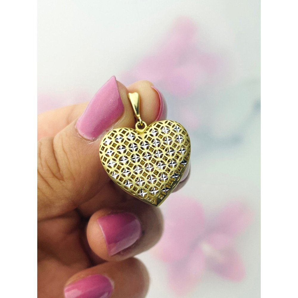 Złoty wisiorek duża zawieszka serce frezowane figurka bikolor