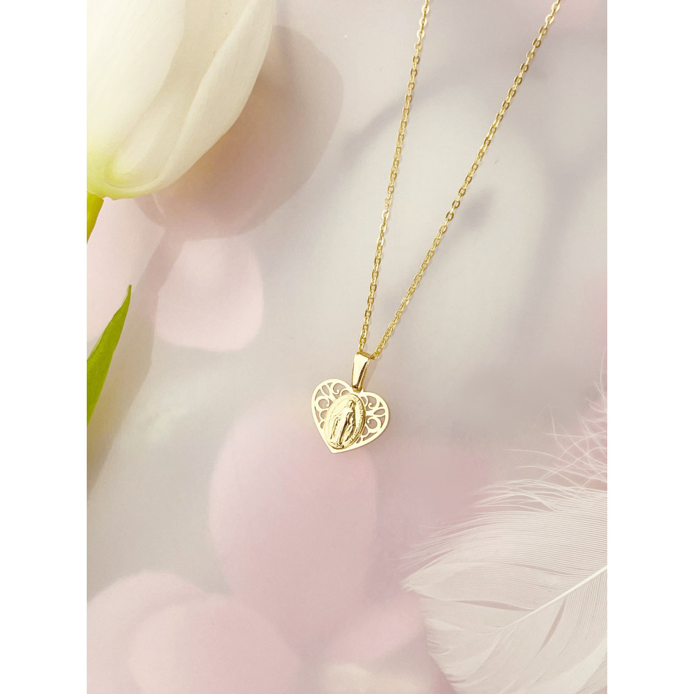 Złoty Medalik Zawieszka serce Matka Boska Chrzest Komunia