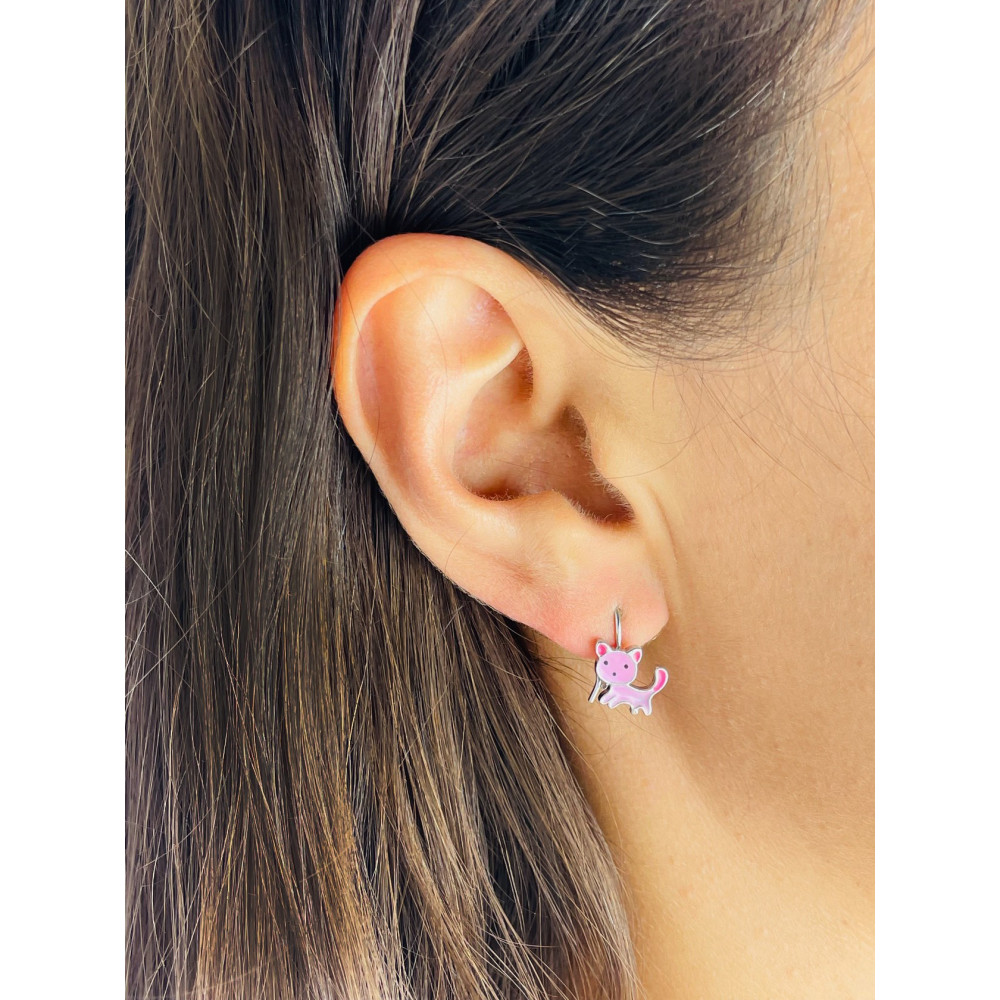 Srebrne kolczyki kotki z emalią różowe