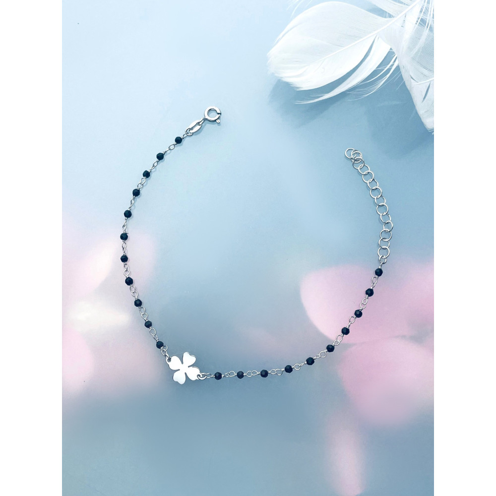 vierblättriges Kleeblatt Armband 925 Silber mit Onyx Damen