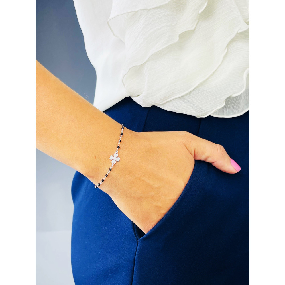 vierblättriges Kleeblatt Armband 925 Silber mit Onyx Damen