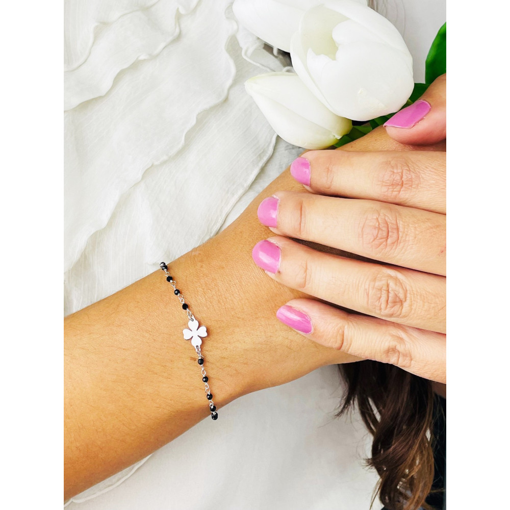 vierblättriges Kleeblatt Armband 925 Silber mit Onyx Damen