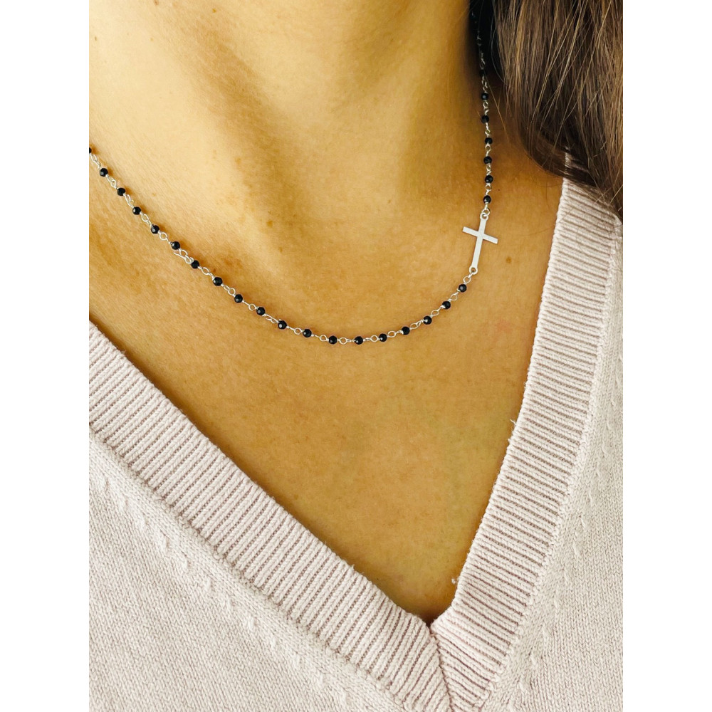 Kreuz 925 Silber Halskette mit Onyx Halsband Damen