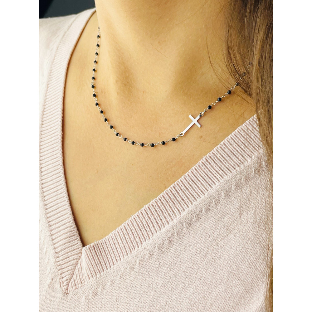 Kreuz 925 Silber Halskette mit Onyx Halsband Damen