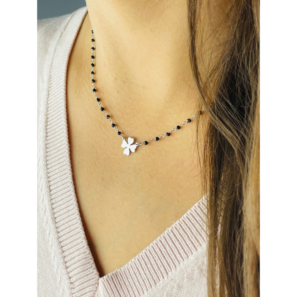 vierblättriges Kleeblatt 925 Silber Halskette mit Onyx Halsband Damen