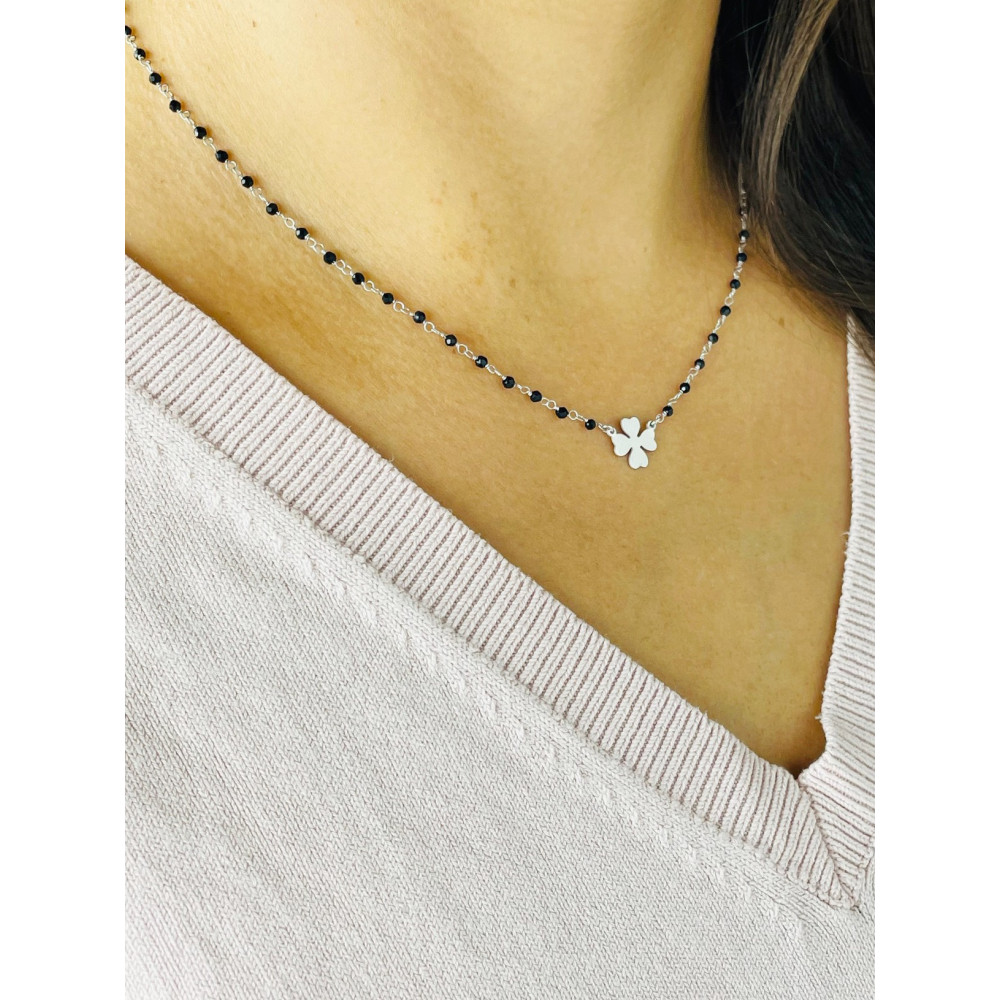 vierblättriges Kleeblatt 925 Silber Halskette mit Onyx Halsband Damen