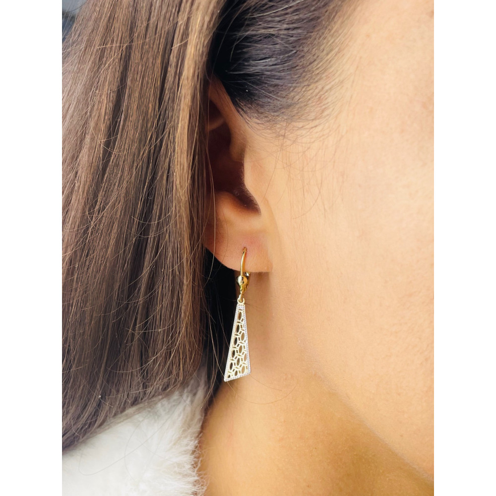 Złote kolczyki wiszące ażurowe trójkąty frezowane bikolor