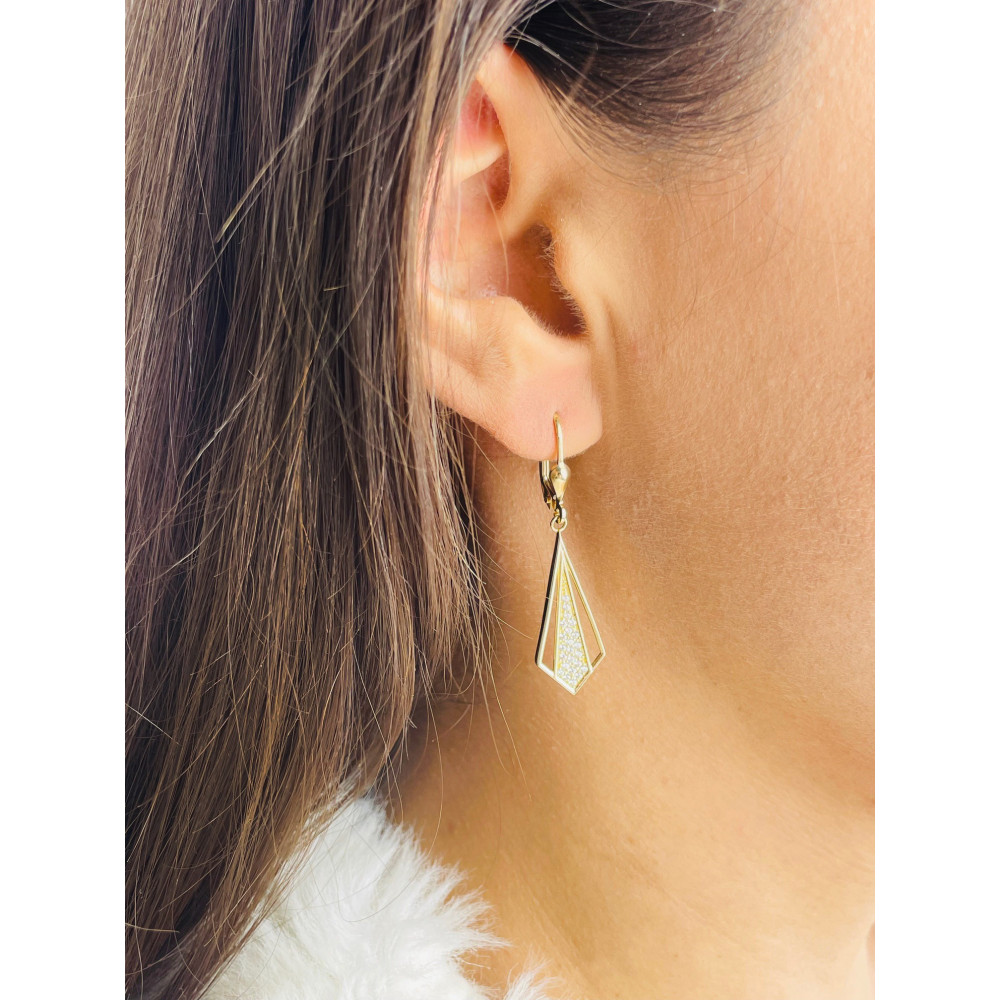 Złote kolczyki wiszące geometryczne karo z cyrkoniami