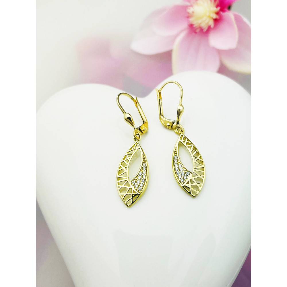 Złote kolczyki wiszące ogniki kocie oko ażurowe z cyrkoniami