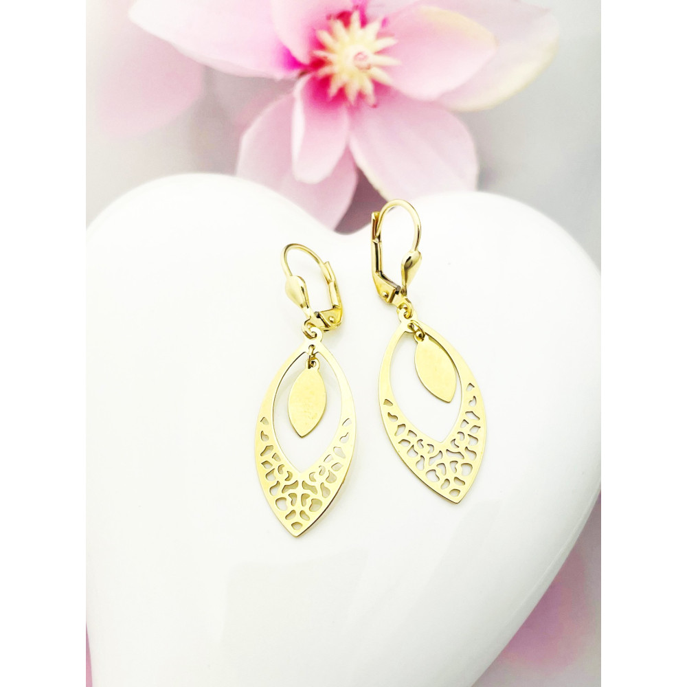 Złote kolczyki wiszące ogniki kocie oko ażurowe