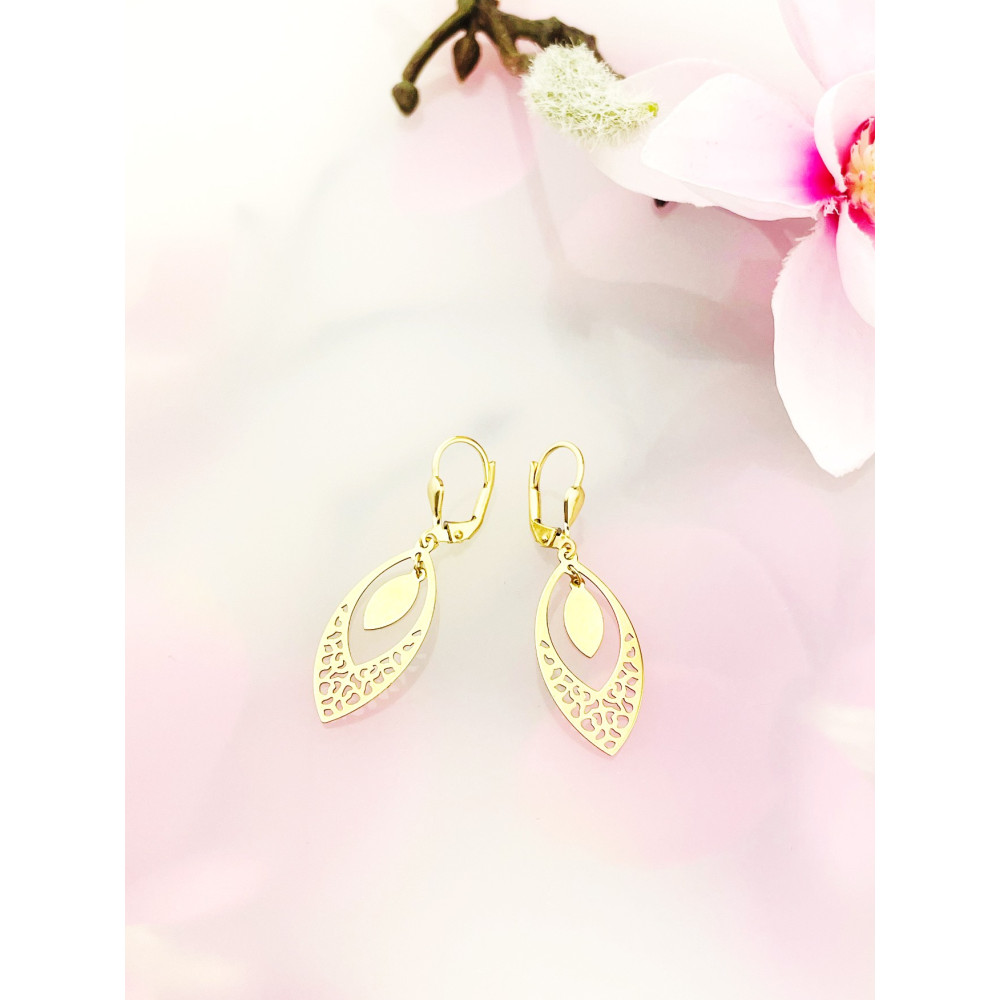 Złote kolczyki wiszące ogniki kocie oko ażurowe