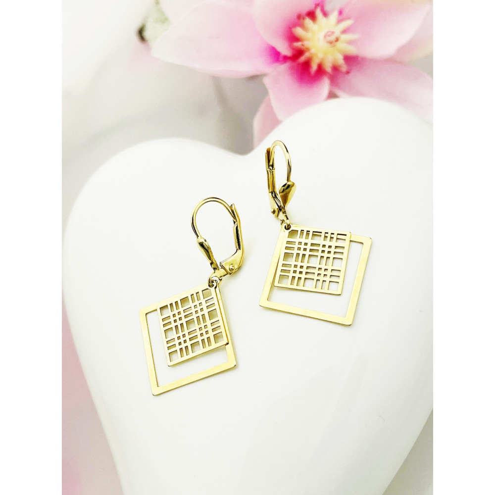 Quadrat Gold Ohrringe Ohrhänger Ohrstecker Ohrschmuck Paar Gelbgold 585er 14KT