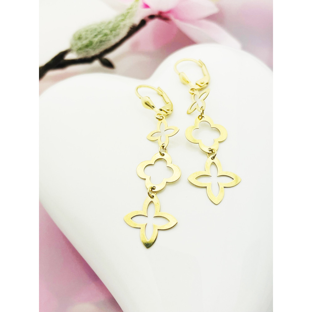 Złote kolczyki wiszące ażurowe kwiaty kwiatuszki