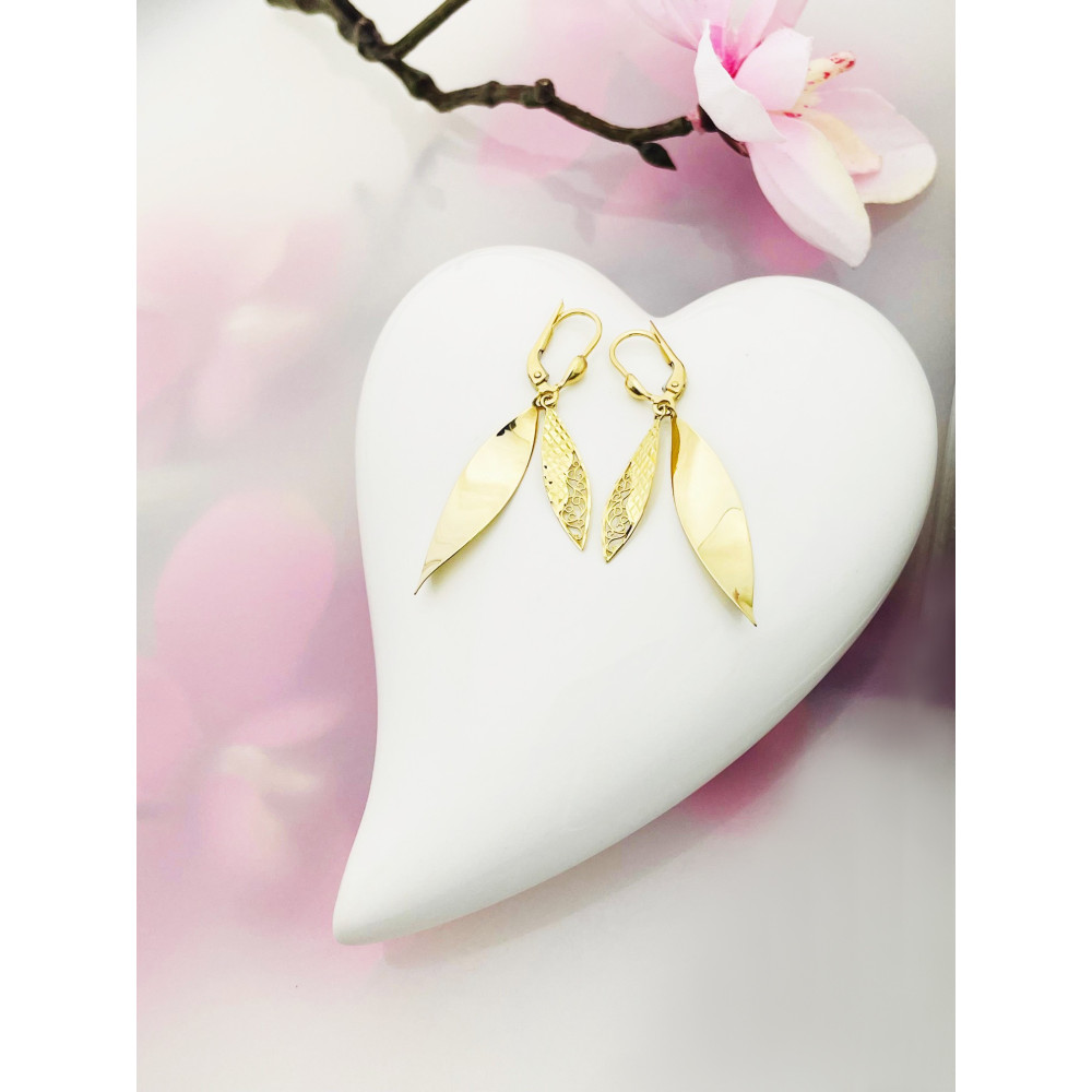 Blatt Gold Ohrringe Ohrhänger Ohrstecker Ohrschmuck Paar Gelbgold 585er 14KT