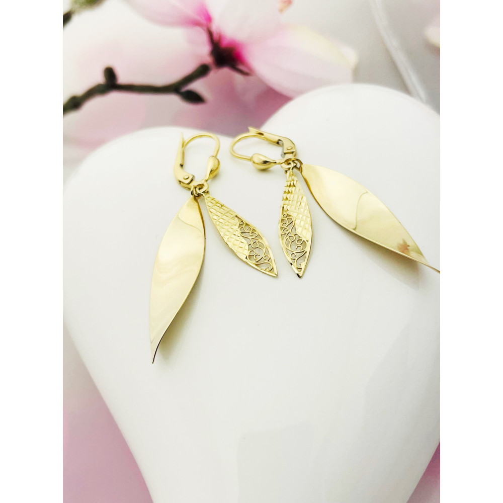 Blatt Gold Ohrringe Ohrhänger Ohrstecker Ohrschmuck Paar Gelbgold 585er 14KT