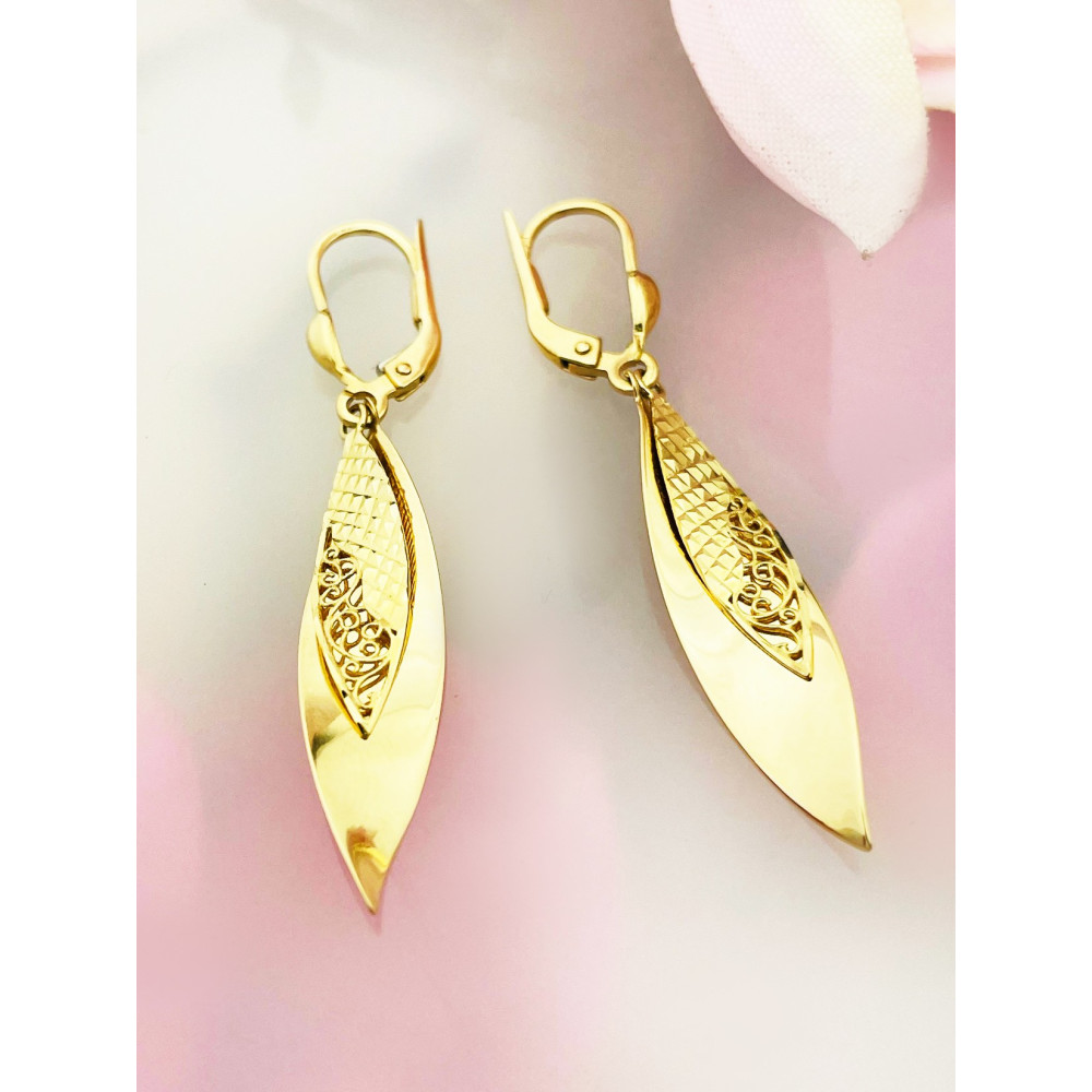 Blatt Gold Ohrringe Ohrhänger Ohrstecker Ohrschmuck Paar Gelbgold 585er 14KT