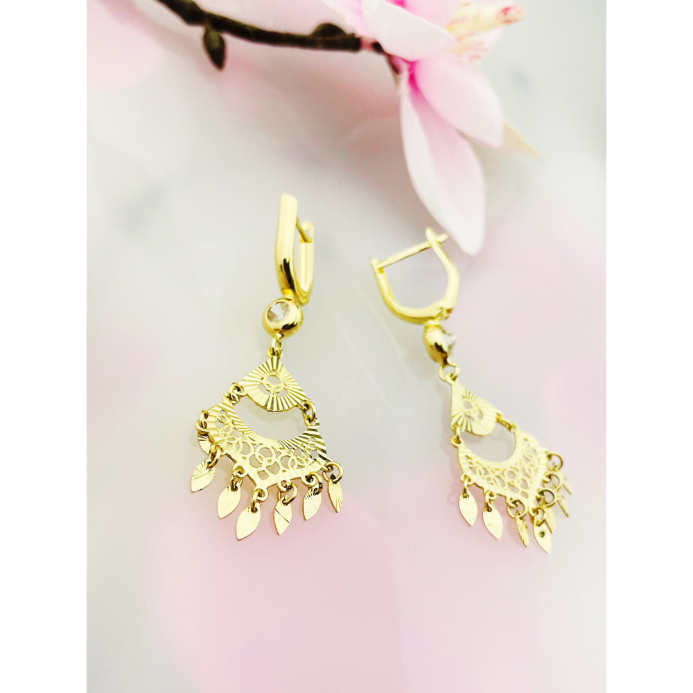 Złote kolczyki wiszące z cyrkoniami frezowane vintage retro