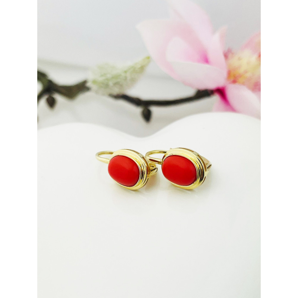 Korallenstein Ohrringe Ohrhänger Ohrstecker Ohrschmuck Paar Gelbgold 585er 14KT