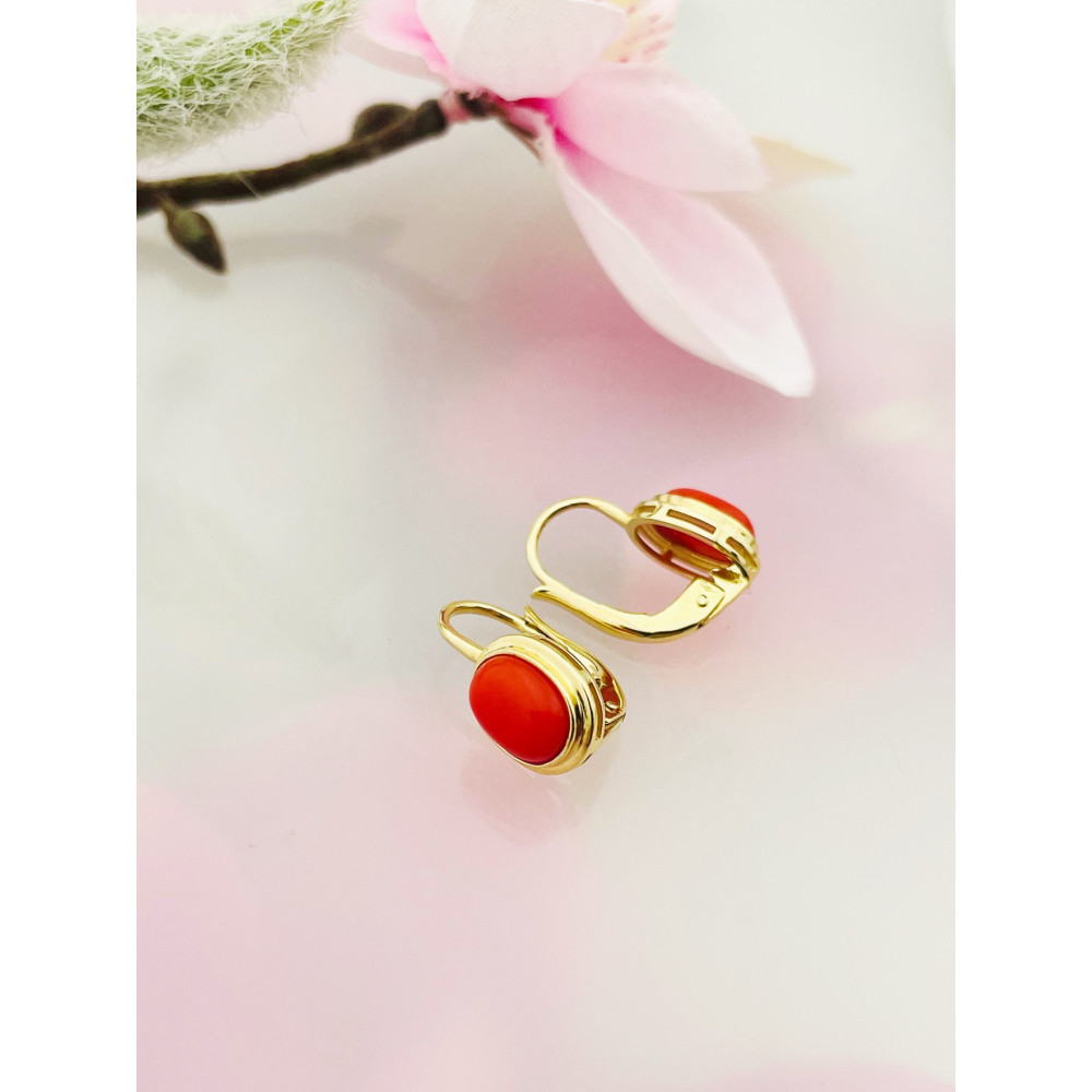 Korallenstein Ohrringe Ohrhänger Ohrstecker Ohrschmuck Paar Gelbgold 585er 14KT