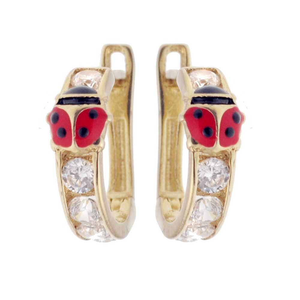 Złote kolczyki przecinki biedronka z cyrkoniami