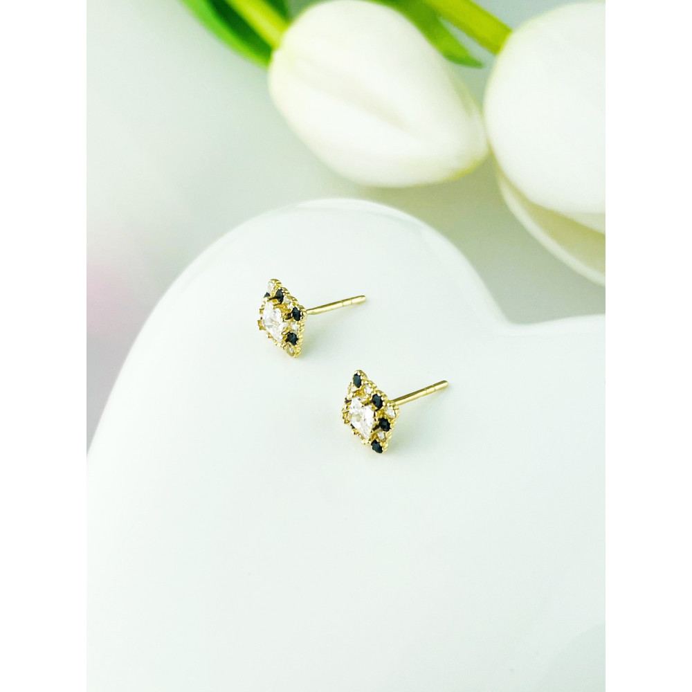 Quadrat Ohrringe mit Zirkonia und Onyx Ohrhänger Ohrstecker Ohrschmuck Paar Gelbgold 585er 14KT