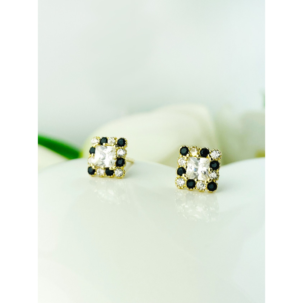 Quadrat Ohrringe mit Zirkonia und Onyx Ohrhänger Ohrstecker Ohrschmuck Paar Gelbgold 585er 14KT