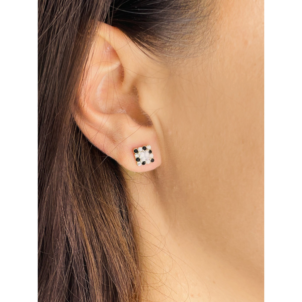 Złote kolczyki kwadraty kwadraciki z cyrkoniami i onyksem