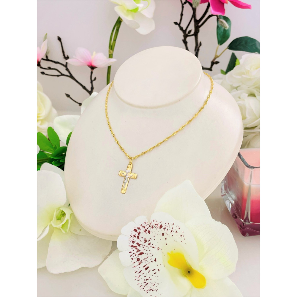 Złoty krzyżyk dwukolorowy Jezus Chrystus