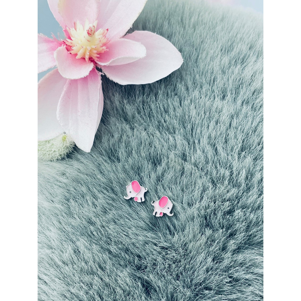 Srebrne kolczyki słonie słoniki z emalią różowe