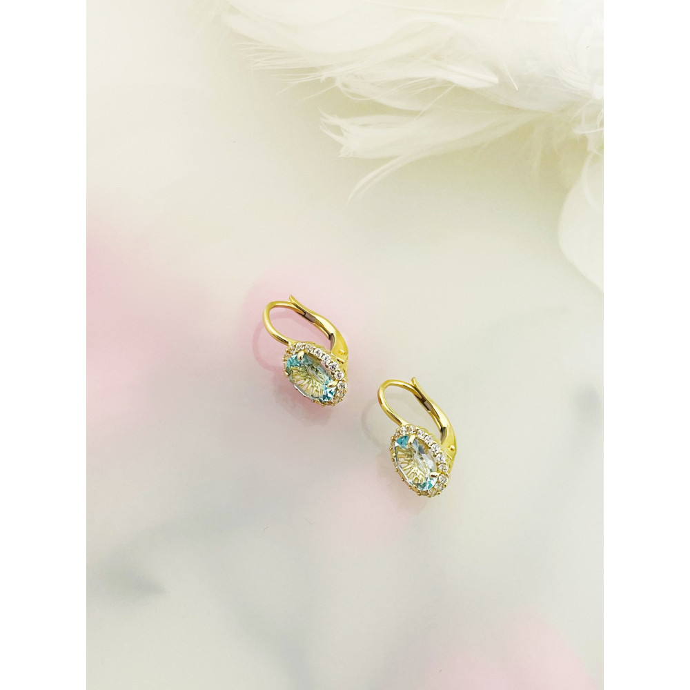 Ohrringe Ohrhänger Aquamarin und mit Zirkonia Ohrstecker Ohrschmuck Paar Gelbgold 585er 14KT