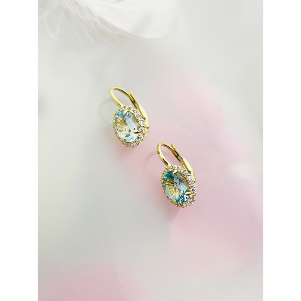 Ohrringe Ohrhänger Aquamarin und mit Zirkonia Ohrstecker Ohrschmuck Paar Gelbgold 585er 14KT
