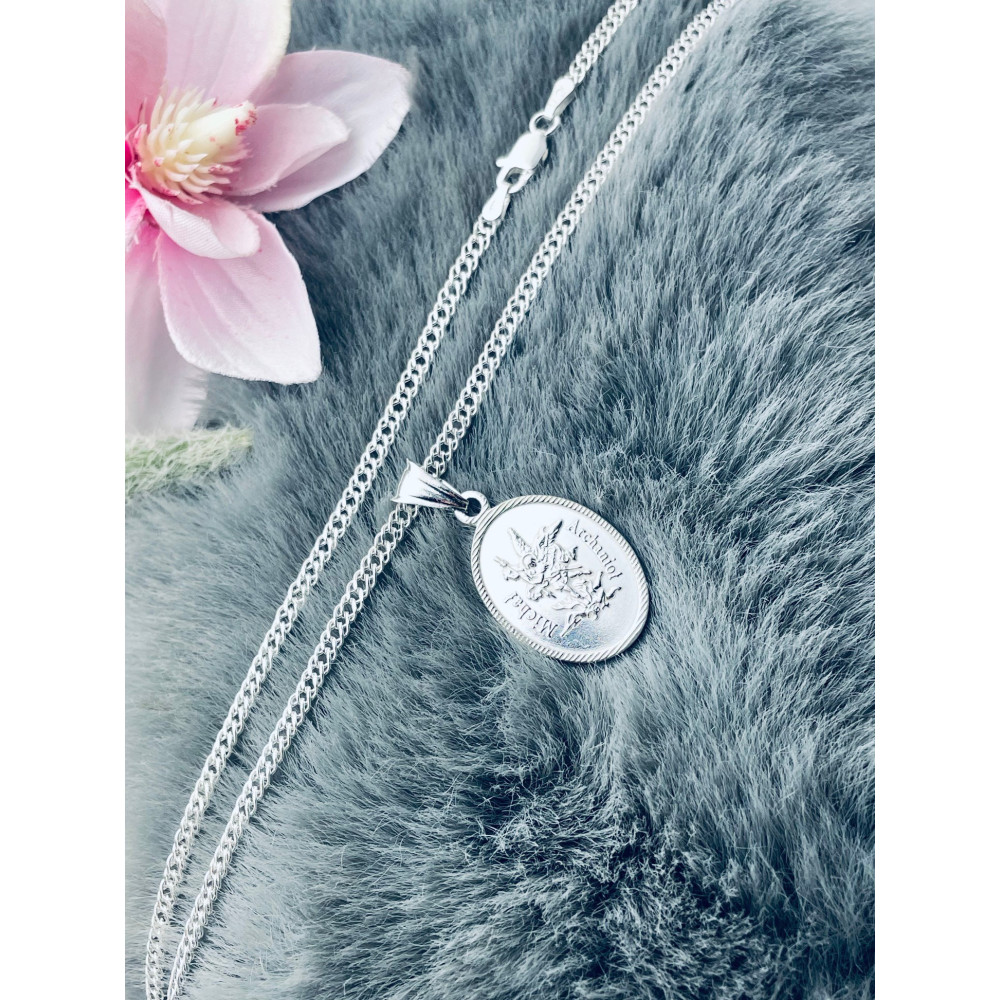 Srebrny komplet naszyjnik łańcuszek rombo zawieszka Archanioł Michał