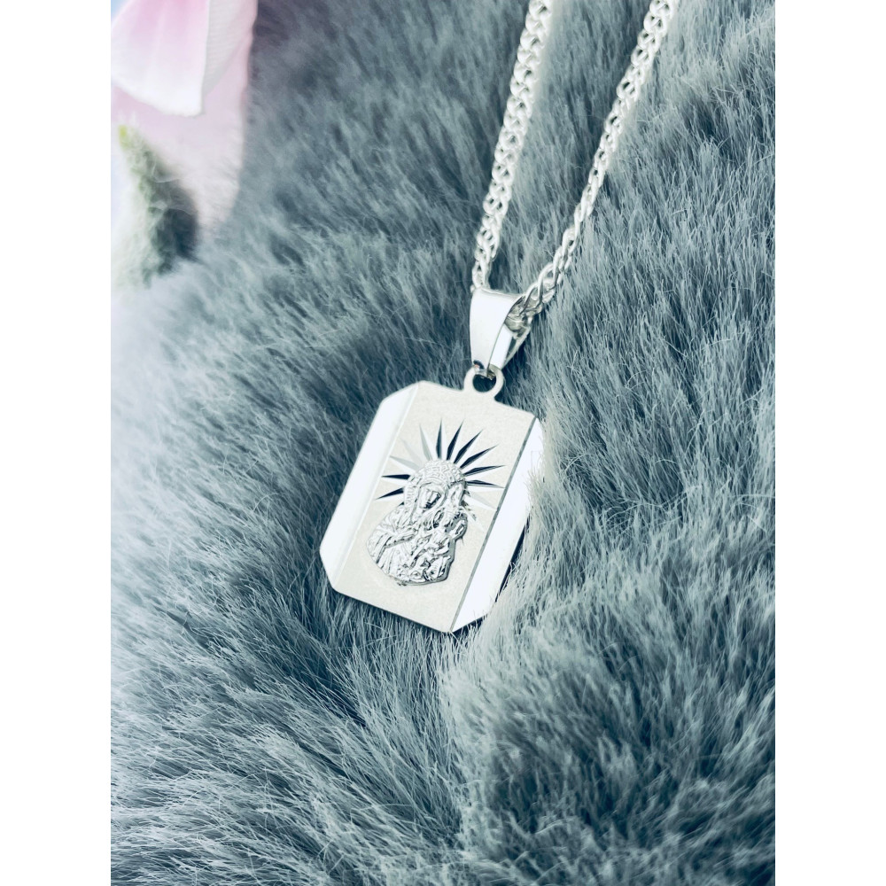 Srebrny komplet naszyjnik łańcuszek rombo zawieszka Matka Boska Częstochowska