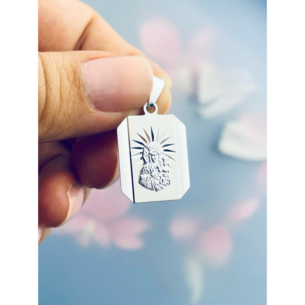 Srebrny komplet naszyjnik łańcuszek rombo zawieszka Matka Boska Częstochowska