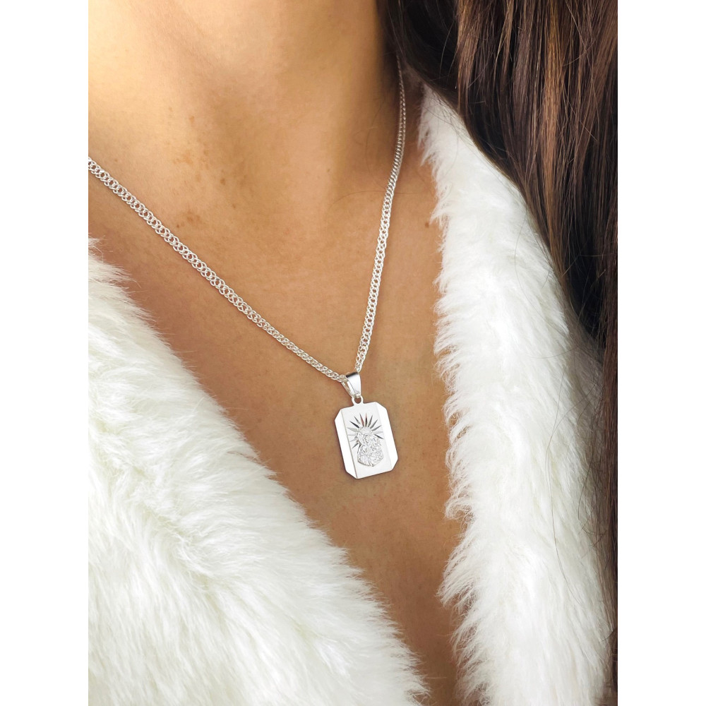 Srebrny komplet naszyjnik łańcuszek rombo zawieszka Matka Boska Częstochowska