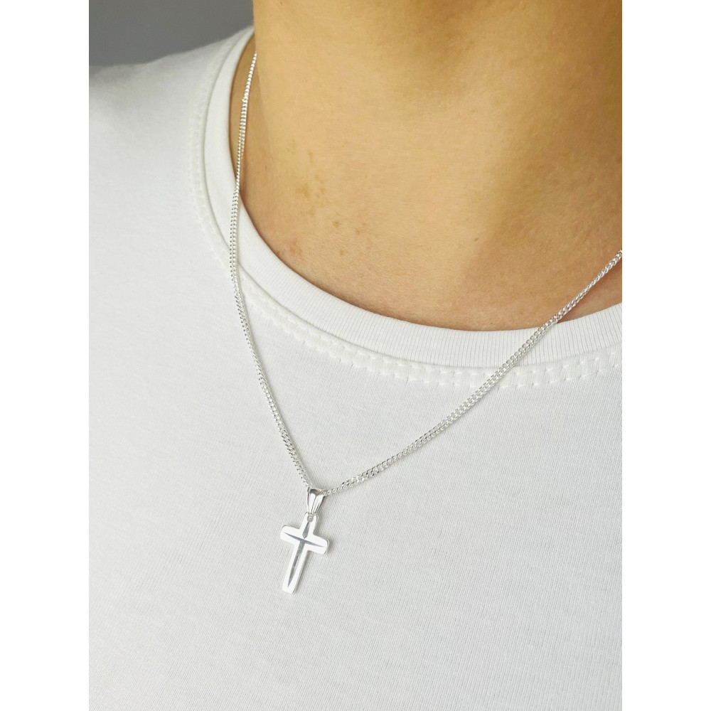 Srebrny komplet naszyjnik łańcuszek pancerka zawieszka krzyżyk frezowany Komunia Chrzest