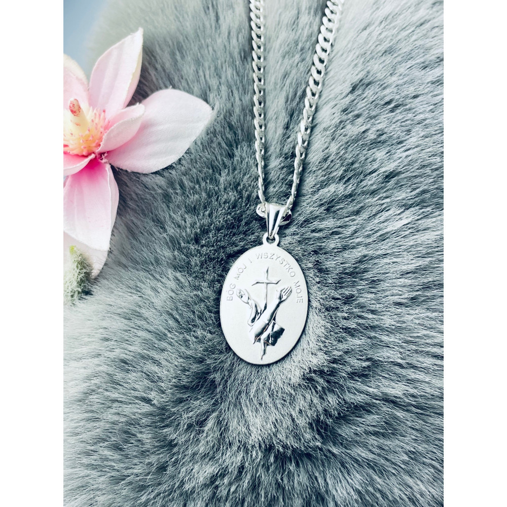 Srebrny komplet naszyjnik łańcuszek pancerka zawieszka Święty Franciszek