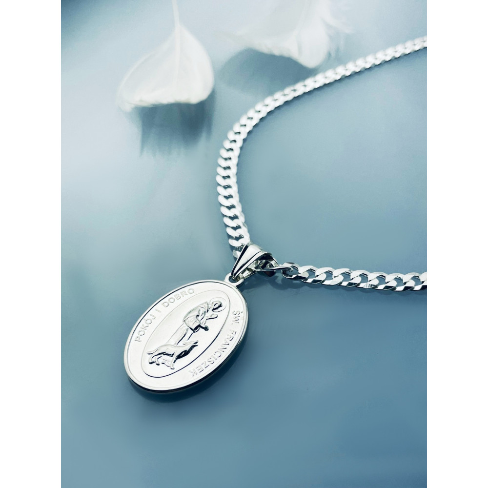 925 Silber Halskette mit Panzerkette und Anhänger Heiliger Franziskus