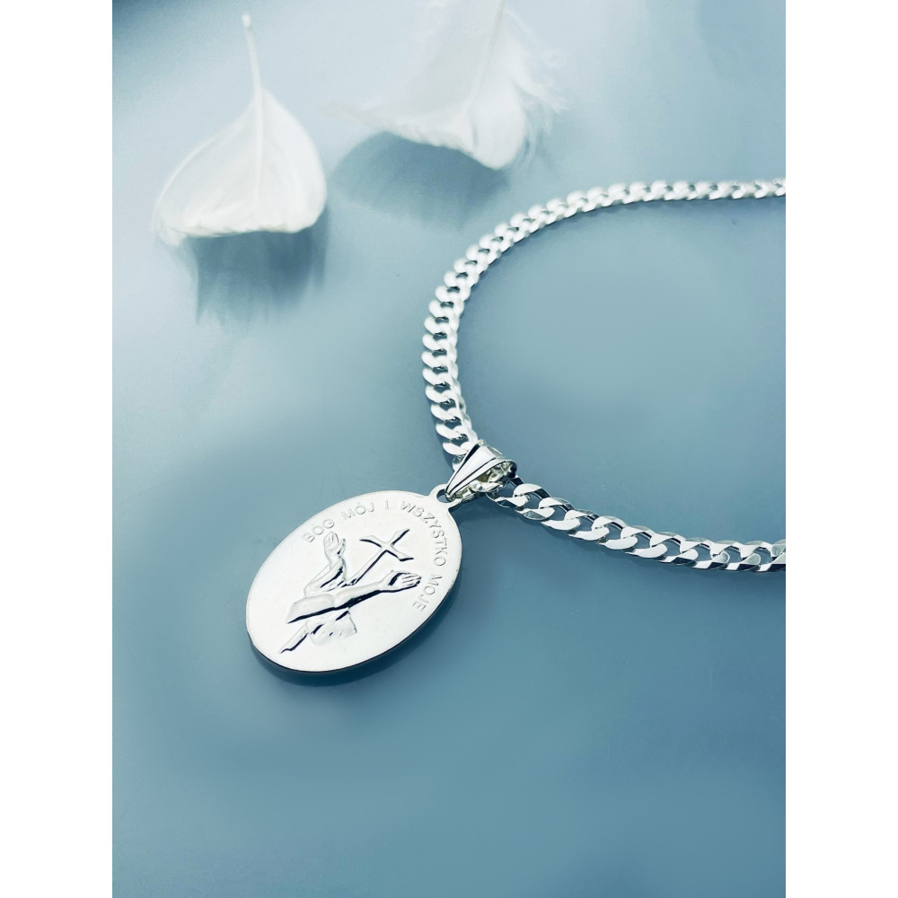 Srebrny komplet naszyjnik łańcuszek pancerka zawieszka Święty Franciszek