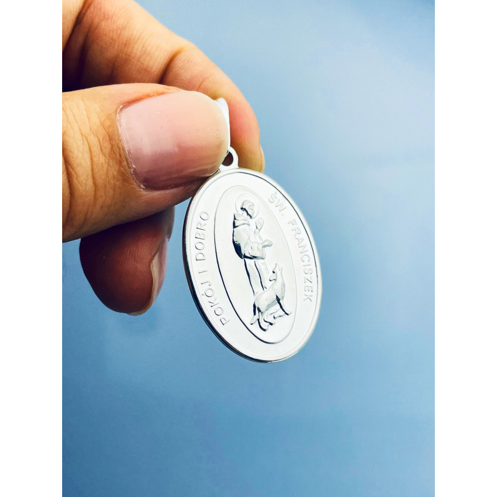 Srebrny komplet naszyjnik łańcuszek pancerka zawieszka Święty Franciszek